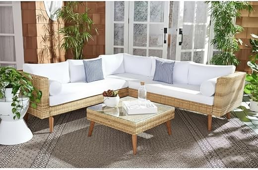 LOCCUS 3-Piece Outdoor L-Shaped Rattan Sofa Set, Wicker Patio Conversation Furniture with Cushions &amp; Center Table for Gard...