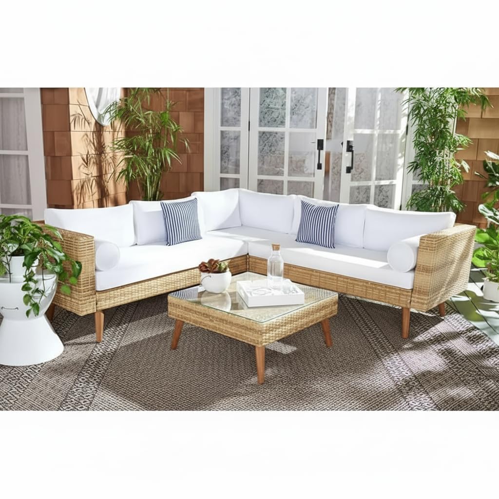 LOCCUS 3-Piece Outdoor L-Shaped Rattan Sofa Set, Wicker Patio Conversation Furniture with Cushions & Center Table for Gard...