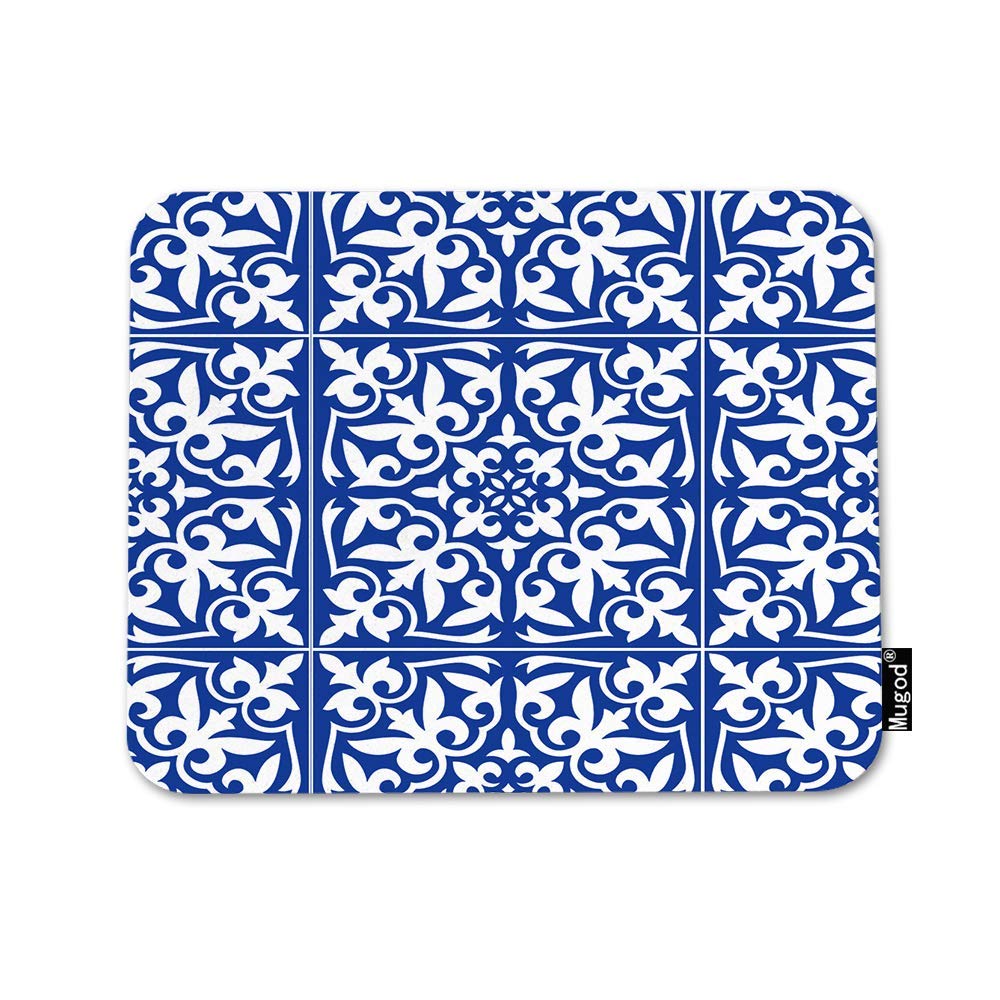 Mugod Moroccan Tile Mouse Pad Ikat Traditional Flower Floral Cobalt Blue White Mouse Mat Non-Slip Rubber Base Mousepad for Computer Laptop PC Gaming Working Office & Home 9.5x7.9 Inch