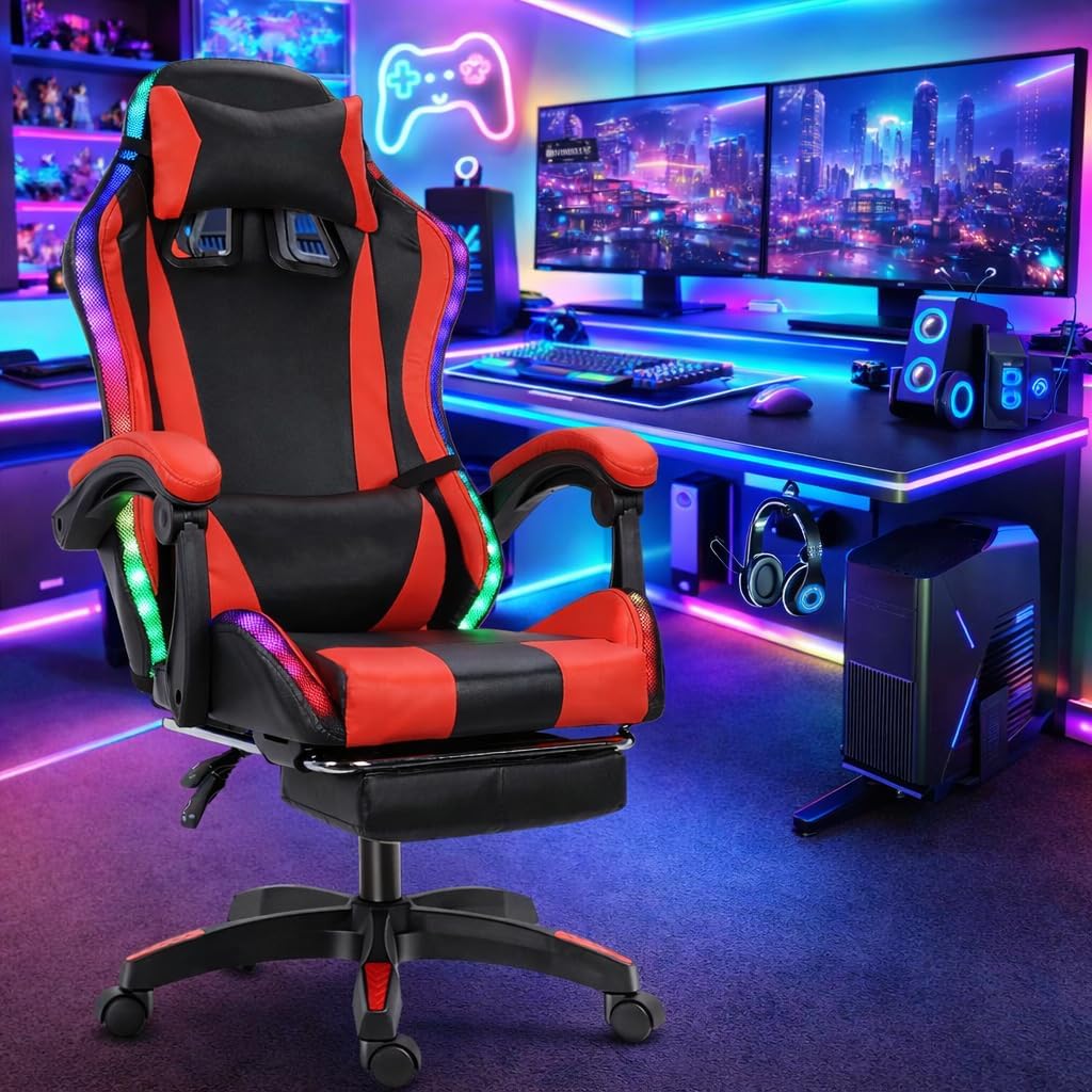 Gaming Chair with Bluetooth-Compatible Speakers & LED Light, Height Adjustable Gaming Chair with Handrail, Backrest & Footrest, Faux Leather and Reclining, for Internet Cafe, Dorm, Bedroom