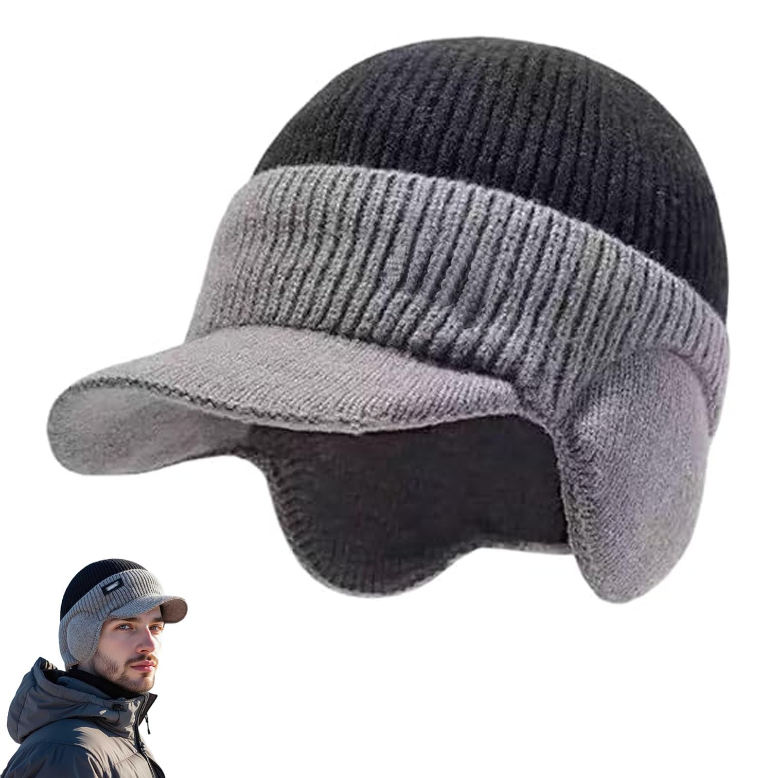 Windproof Thermal Cap with Visor, Winter Fleece-Lined Knitted Earflap Hat, Heat Trap Cap…