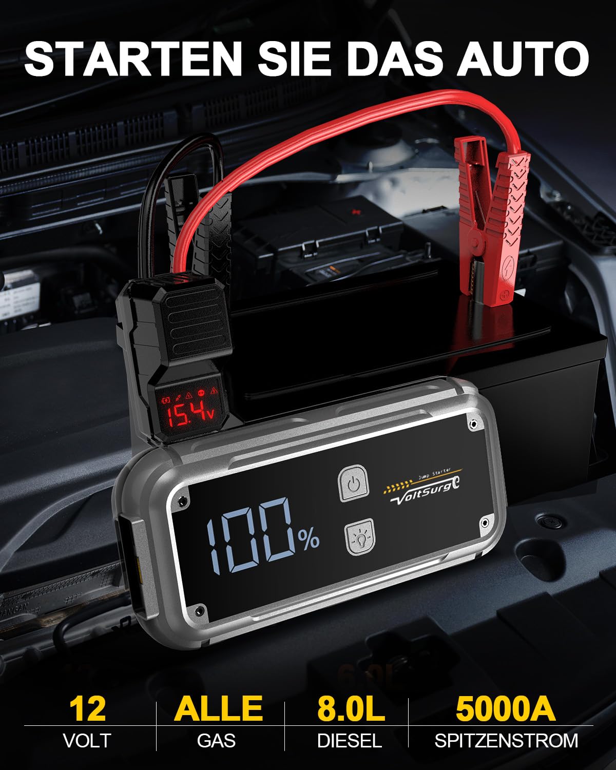 Booster Batterie Voiture 5000A, Démarreur de Batterie de Voiture Portable(Jusqu'à 8.0L Diesel ou Tout Gaz), 12V Jump Starter, Pinces Intelligentes avec Écran, Lumière LED (D05US)