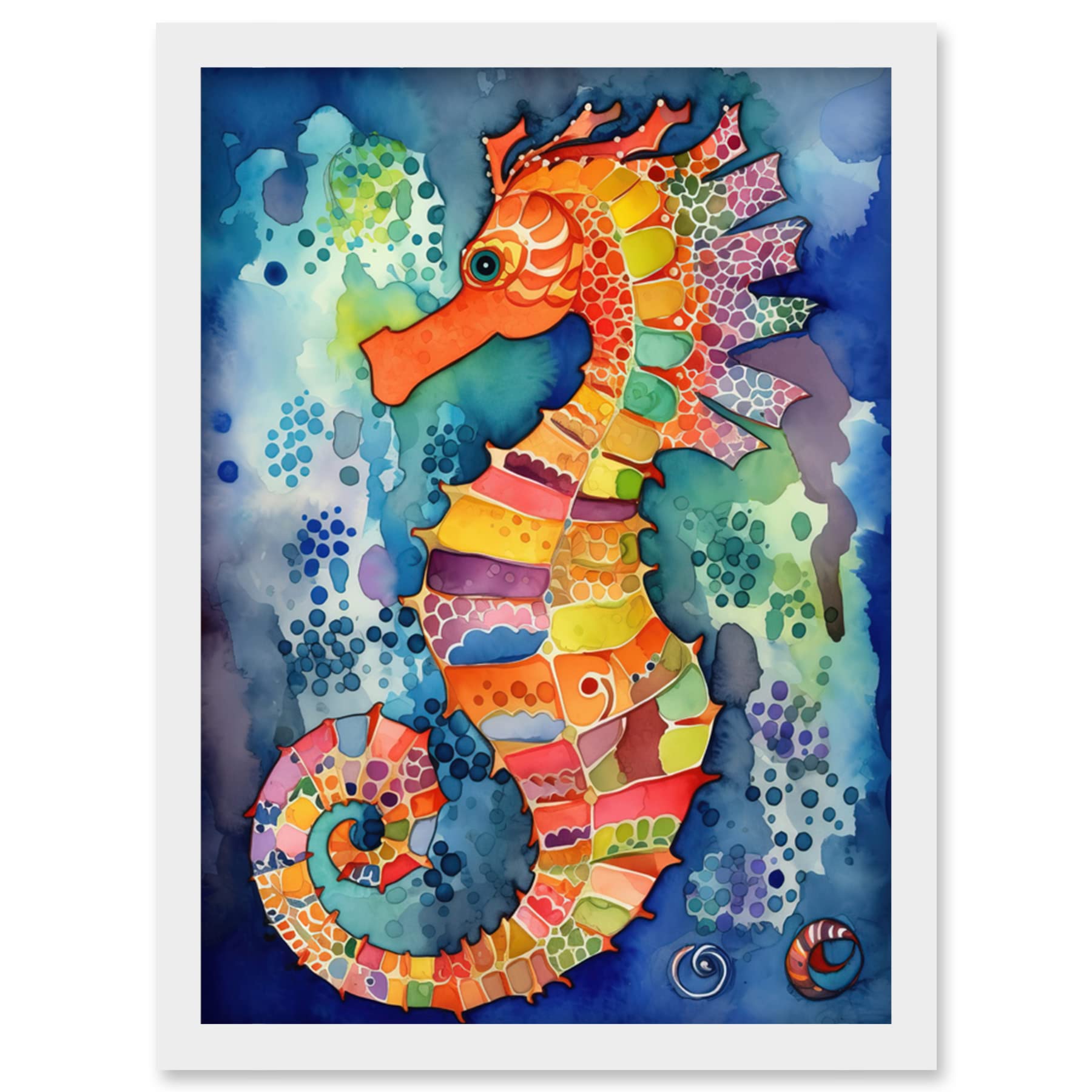 Artery8 Vibrant Colour Pattern Seahorse Folk Art Artwork Framed Wall Art Print A4