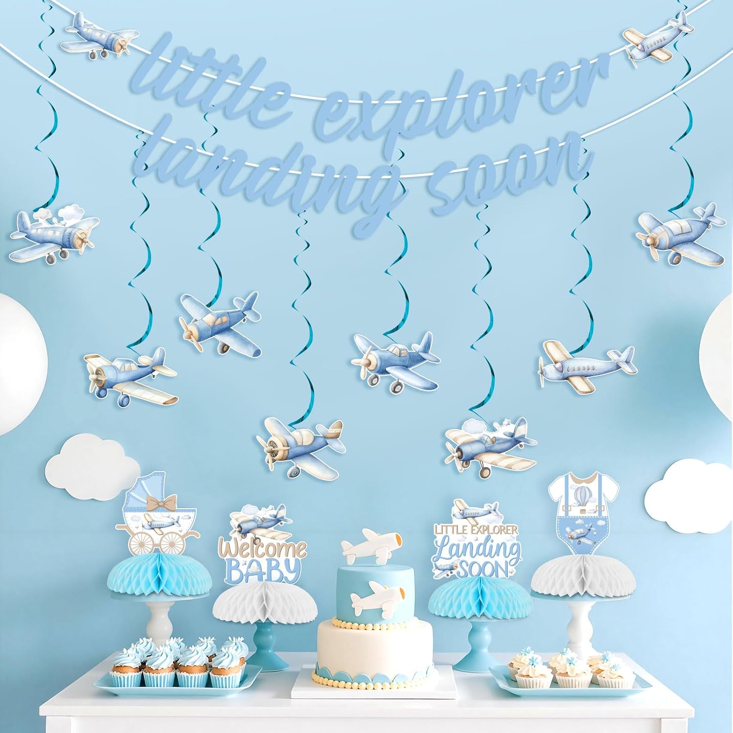 Airplane Baby Shower Decorations Little Explorer Landing Soon Banner Vintage Airplane Baby Shower Honeycomb Centerpiece Hanging Swirls Aircraft Aviator Adventure Party Decor for Pregnancy