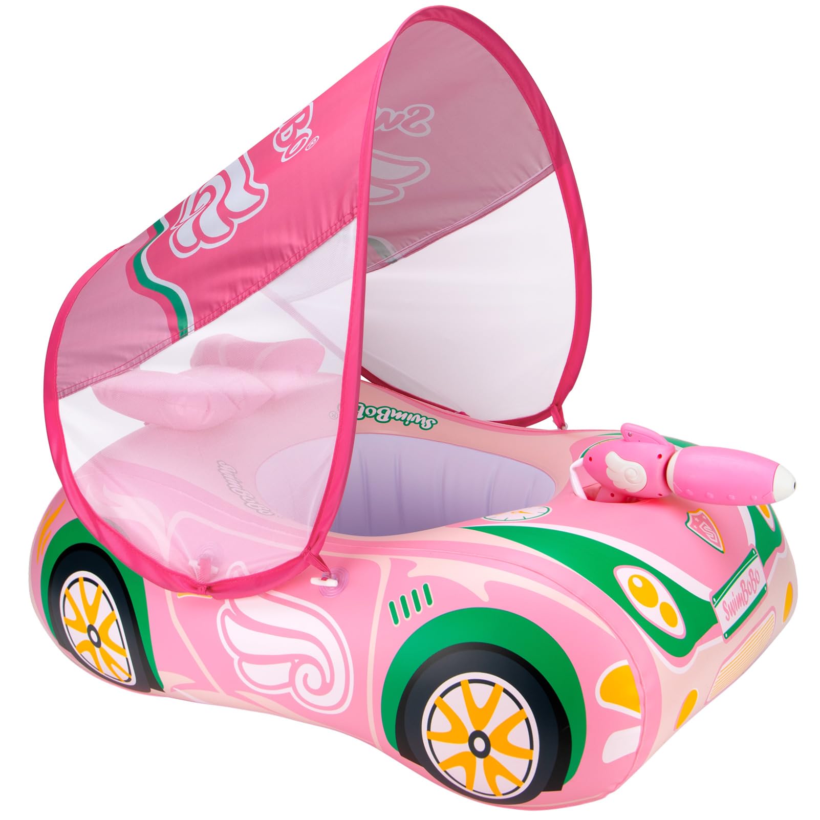 Swimbobo Toddler Pool Float Pink Inflatable Airplane Car Baby Swim Float with Water Gun and Safety Seat Pool Toys for Kids 3+ Years Old