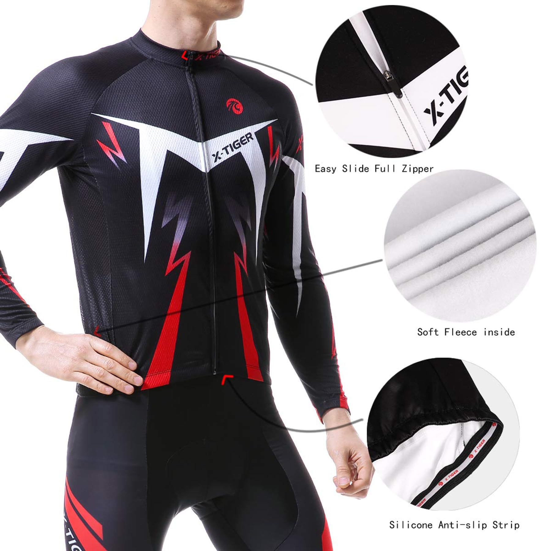 X-TIGER Ciclismo Inverno Termico Vello Completo Giacca Maglia Maniche Lunghe Maglietta Manica da Uomo 5D Gel Pantaloni Lunghi con Pettorina Set di Abbigliamento Ciclista