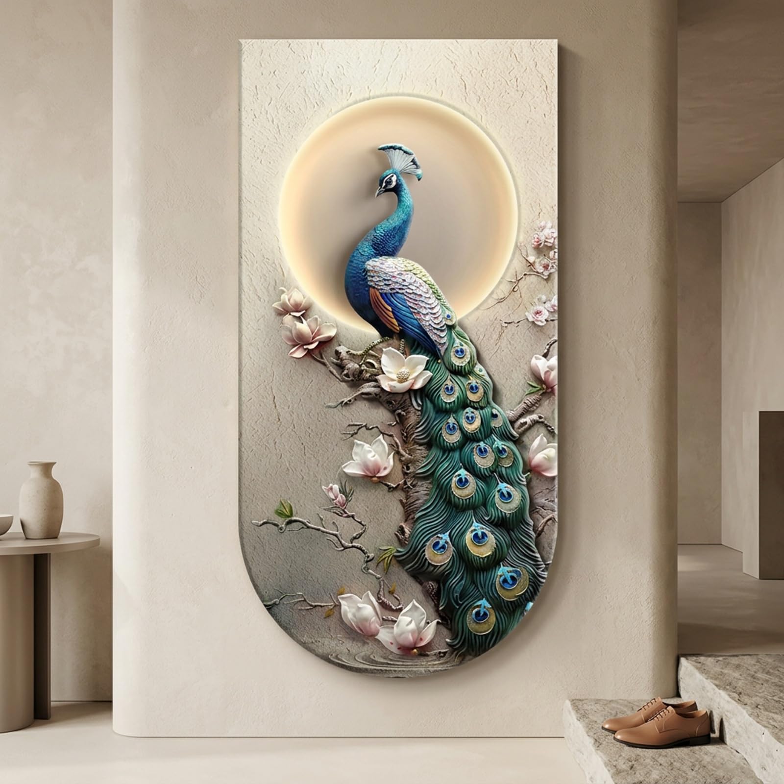 Sandstone Peacock Wall Art, 3D Wall Sculpture with Remote LED Lighting