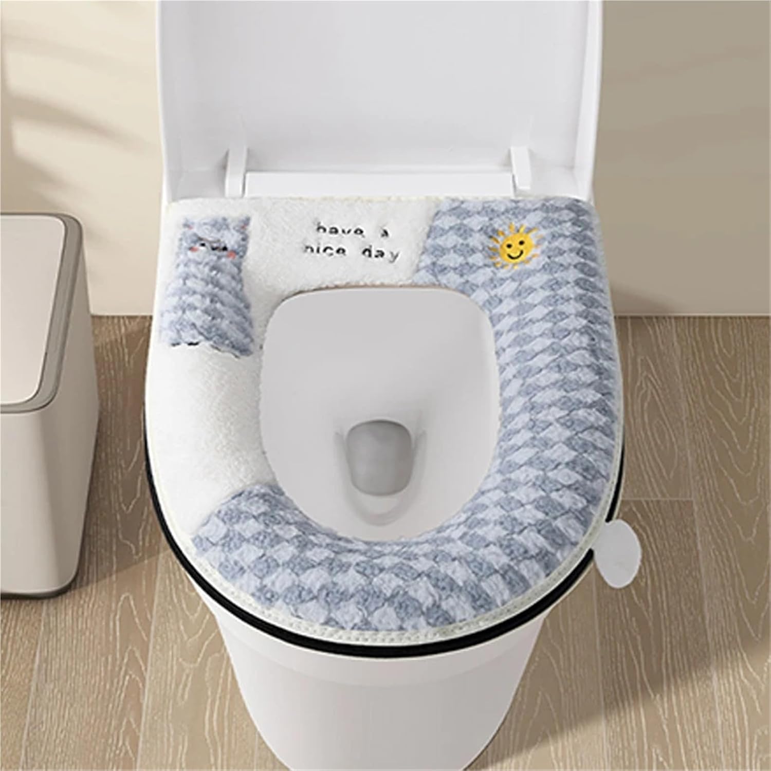 Winter Thickened Fuzzy Toilet Seat Cover Home Full Enclosure Design with Handle Breathable & Anti-Dirty(Grey C4490D)