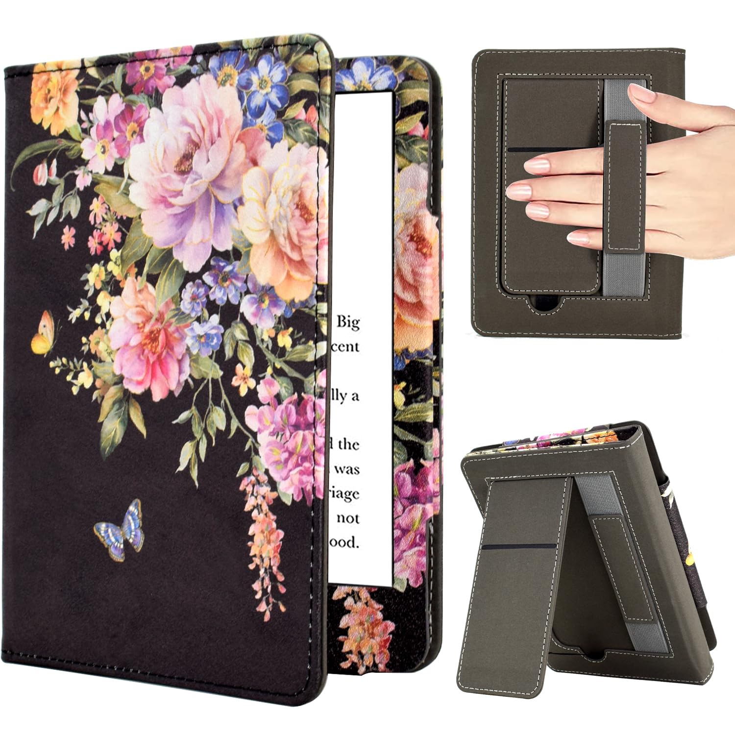 KEROM 6.8" Kindle Paperwhite Case 11th Generation 2021 Release and Signature Edition, Premium PU Leather Stand Cover Case with Hand Strap, Card Slot, and Auto Sleep/Wake - Butterfly Flowers