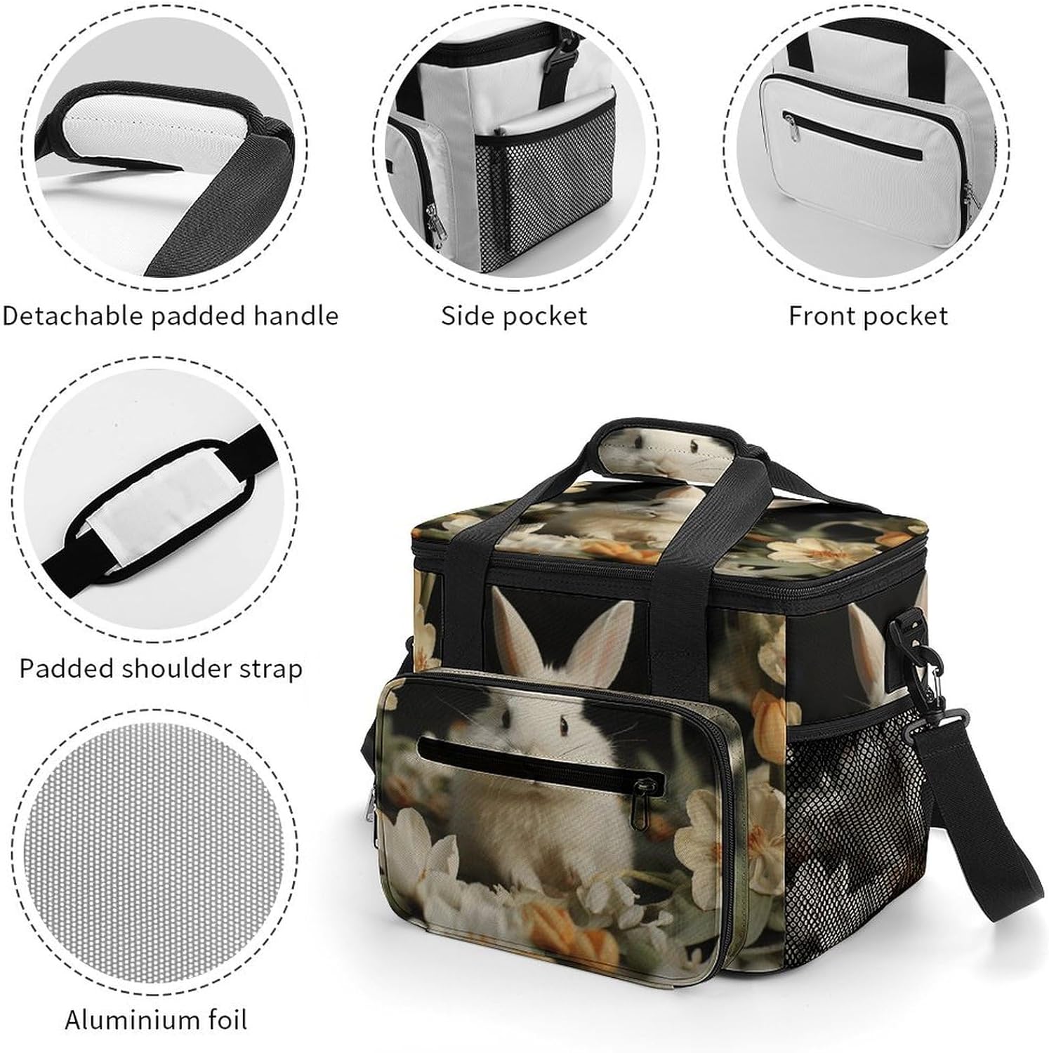 Camping Ice Pack, White Rabbit and Lilies Print Cooler Bag, 22.5L Large Capacity Insulated Lunch Tote Bag for Outdoor, Picnic, BBQ, Travel, Work