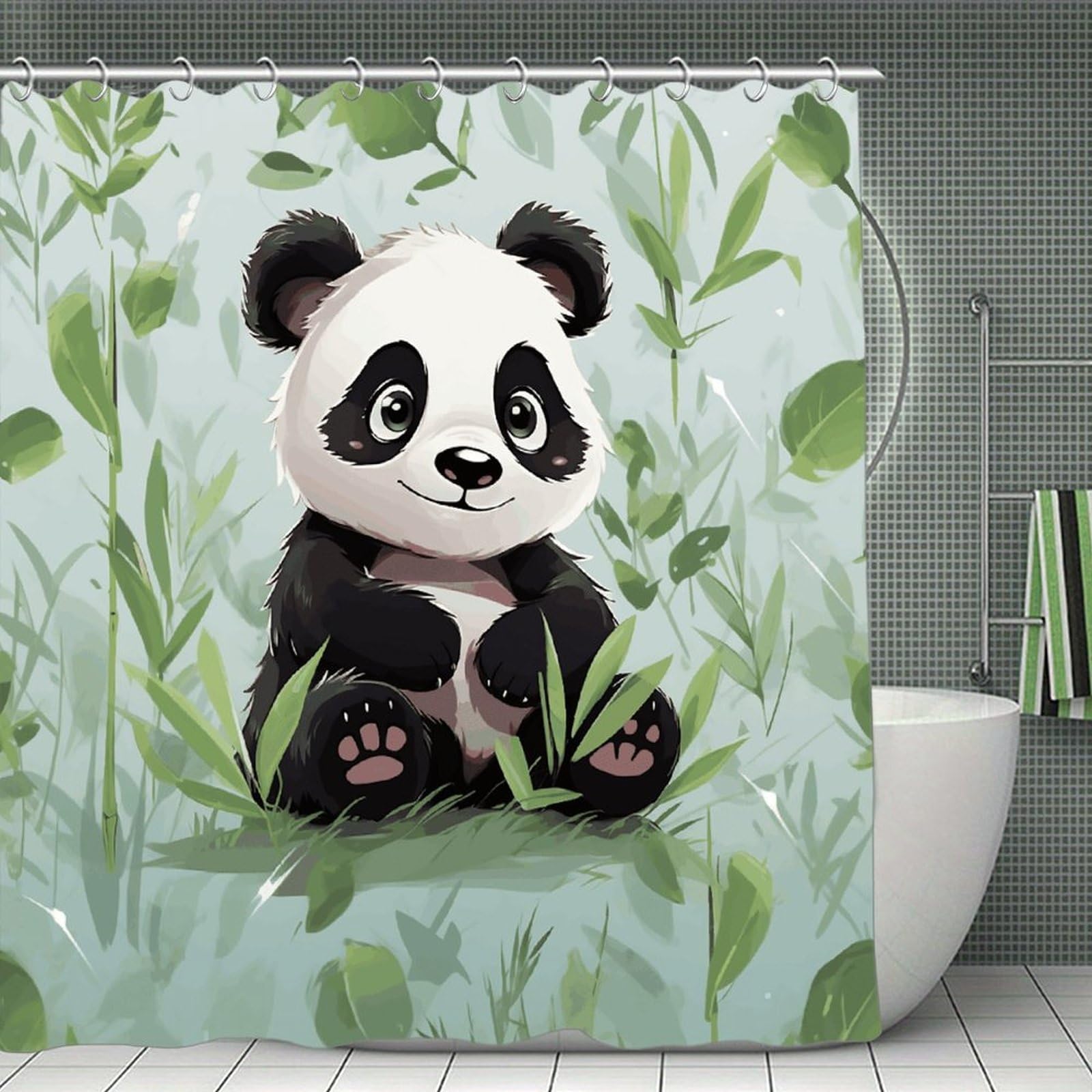 VstaDank Panda Bamboo Shower Curtain Waterproof Bathroom Curtain with Hooks Luxury Weighted Bath Curtains for Bathtubs Showers Room Dividers Decorative Shower Curtains 71x71 in