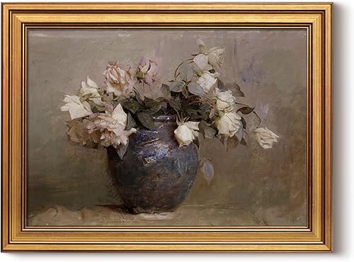 HUARCEY Lienzo enmarcado dorado para pared, decoración vintage para baño, decoración estética, rosas clásicas, pinturas florales, decoración de