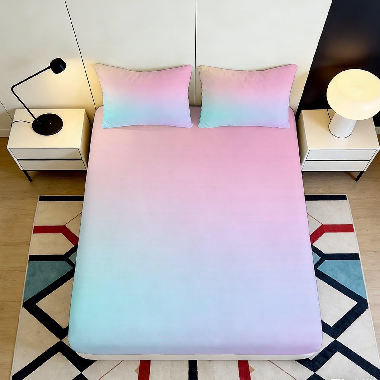 3D Printed Pastel Ombre Fitted Sheet Microfiber Soft Breathable Gradient Bed Cover for Bedroom Dormitory Guest Room Mattress Protection Decor 180x200x25cm