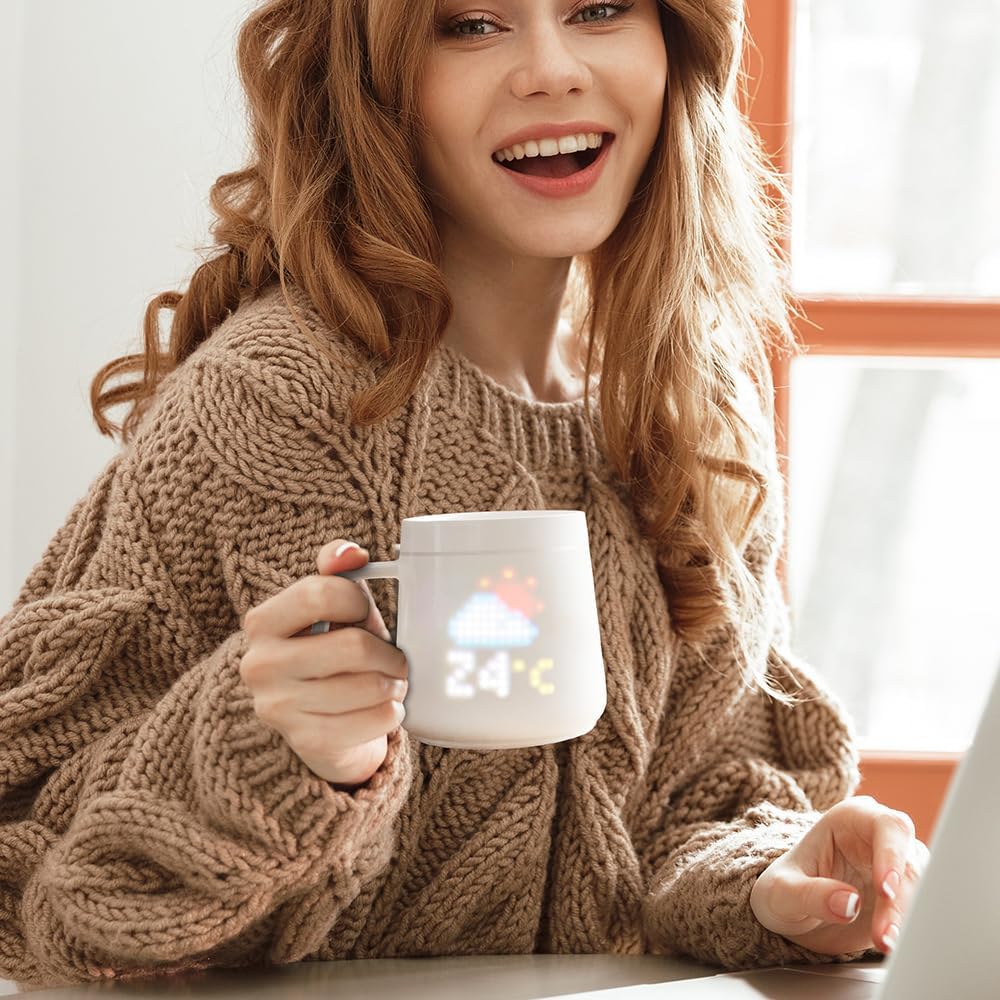 PixelMug P1 Coffee Smart Mug with Custom Pixel Display App Control Temperature Weather Wireless Charging 6oz Personalized Gift