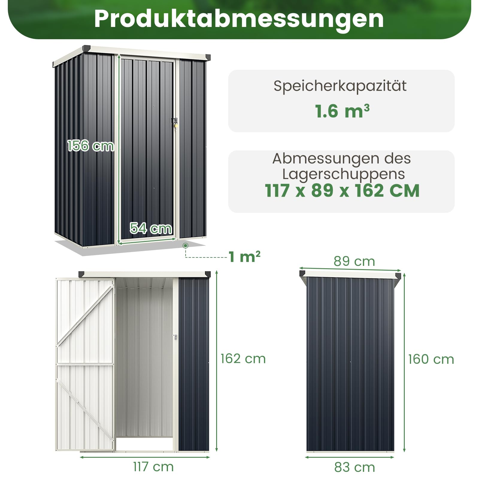 COSTWAY Gartenhaus Metall, Geräteschuppen mit Pultdach & abschließbarer Tür & Schloss, 117 x 89 x 162 cm Garten Schuppen Outdoor, Gerätehaus wetterfest für Garten, Rasen, Grau