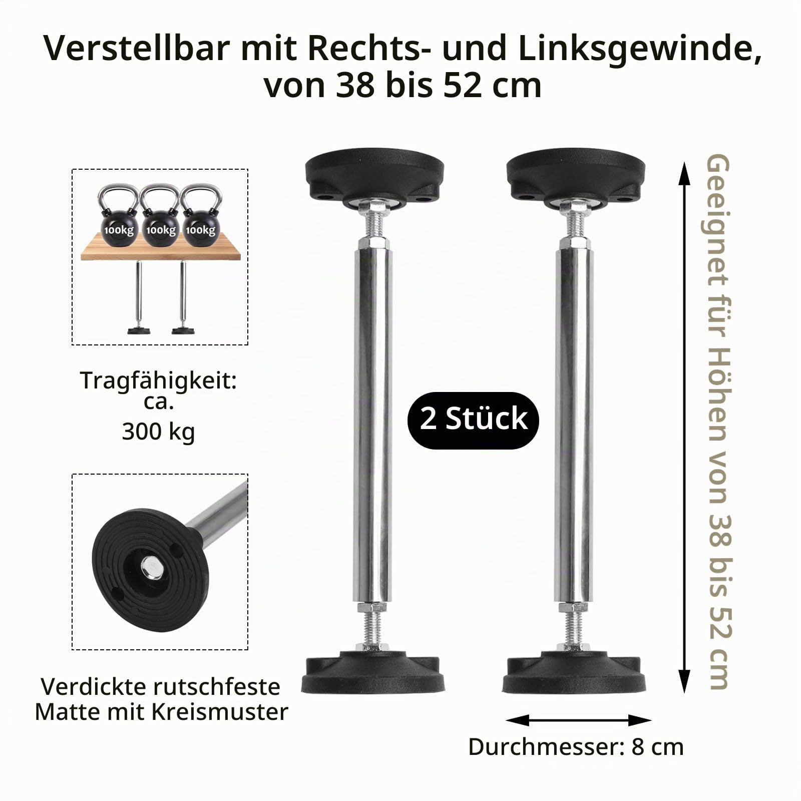 2 Stück Teleskop Stützstange Verstellbar 38-52cm, Montagestützen Unterstützt Bis zu 300 KG, Stützen Höhenverstellbar, Teleskopstützen für Wandschränke Badezimmerschränke TV-Schränke Küchenschränke