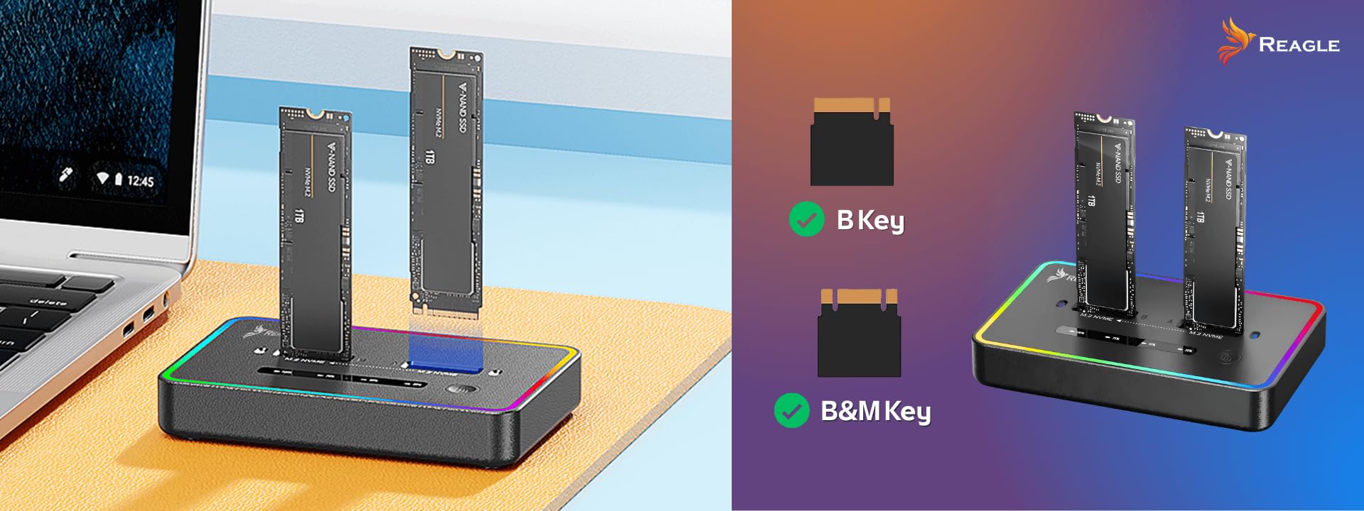 Reagle Stacja dokująca do dysków twardych Pocket Cloning Station NVME PCIe M.2 M Key 2230 / 2242 / 2260 / 2280 USB-C 3.2, 2X 4TB SSD Adpater 20 Gbps