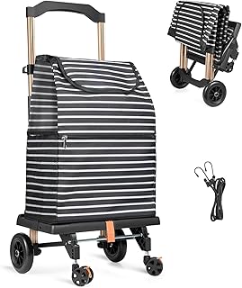 2-in-1 Shopping Cart for Groceries, Lightweight Aluminum Grocery Cart on Wheels and 50L Removable Waterproof Shopping Bag for Moving, Camping (Black)