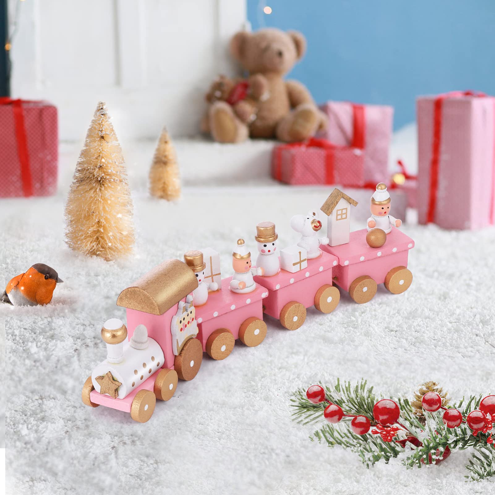 Decoración del hogar, adorno de Santaur, tren de madera de Navidad, mini juguete de tren de 4 secciones con muñeco de nieve y riel de tren, juego de juguetes para niños, decoración de fiesta 3