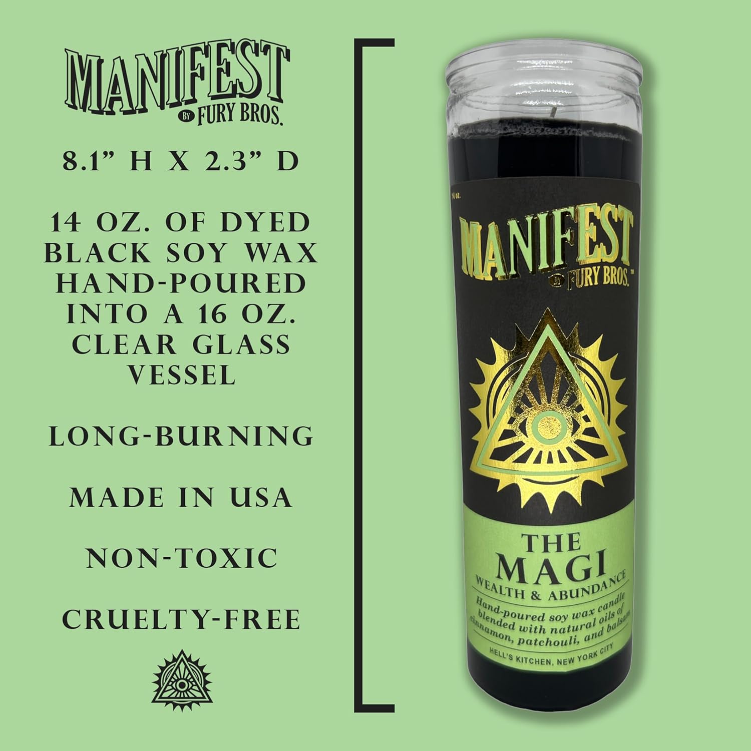 Manifest Scented Candles by Fury Bros. | The Magi | Cinnamon Patchouli Balsam | Black Soy Wax | Hand-Poured in USA | Long 70 to 80 Hour Burn (14 oz) | Magick Spiritual Occult