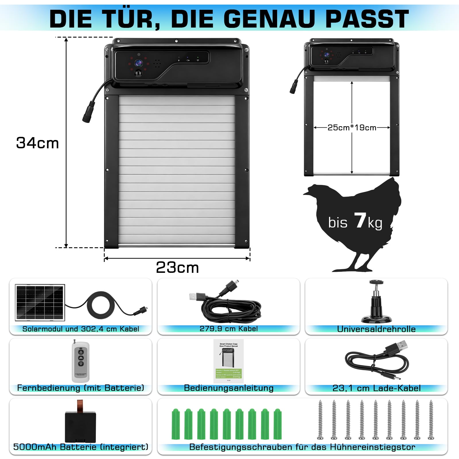 Hühnertür Automatisch Solar mit 1080P-Kamera, WLAN-App-Steuerung | Hühnerklappe Elektrisch mit Sprachaufruf-Funktion & Timer, Fernbedienung, Einklemmschutz, 5000mAh Batterie Rolltor-Design