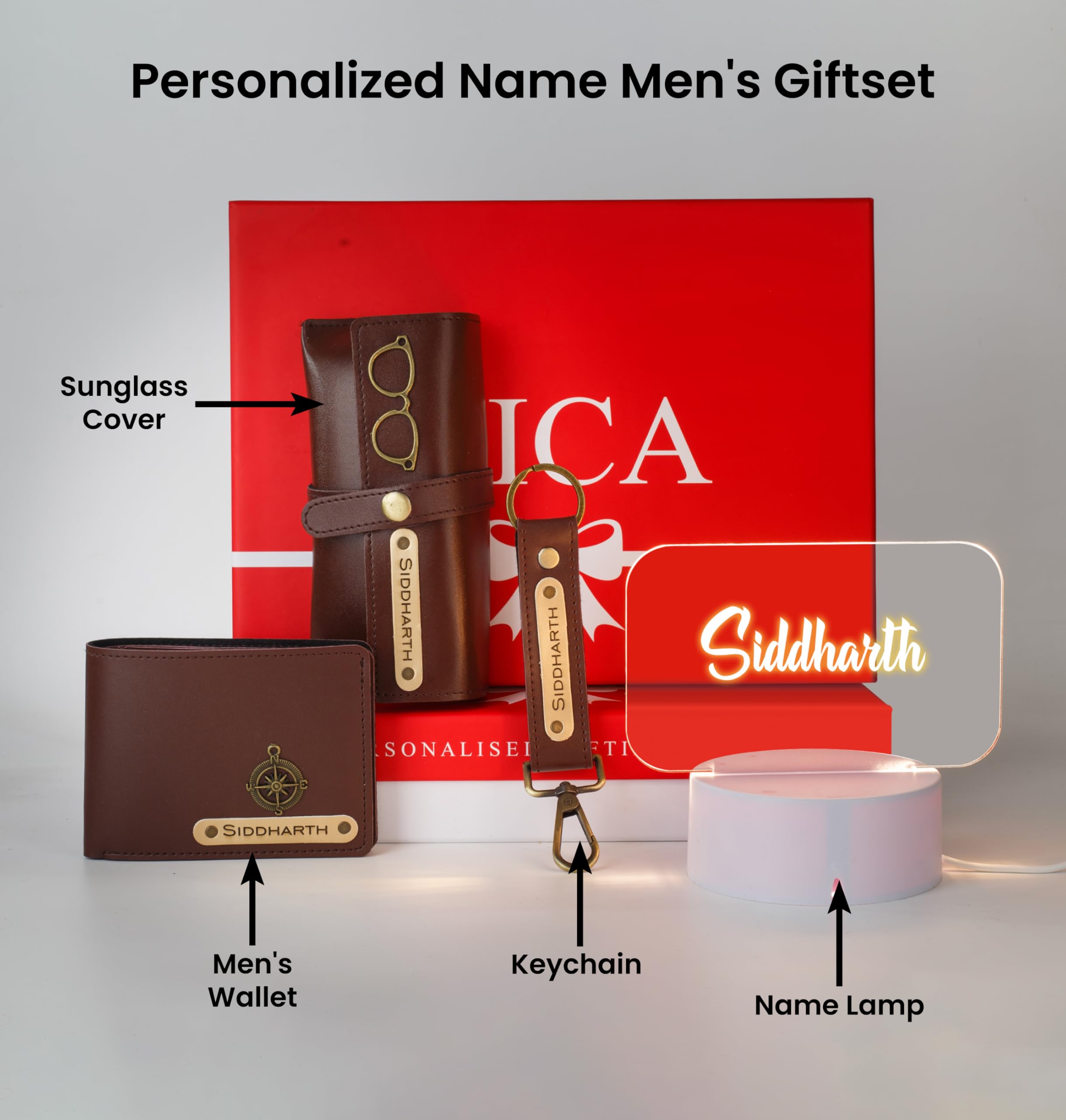 Buy AICA Customized Name & Charm Leather Mens Wallet & Led Lamp