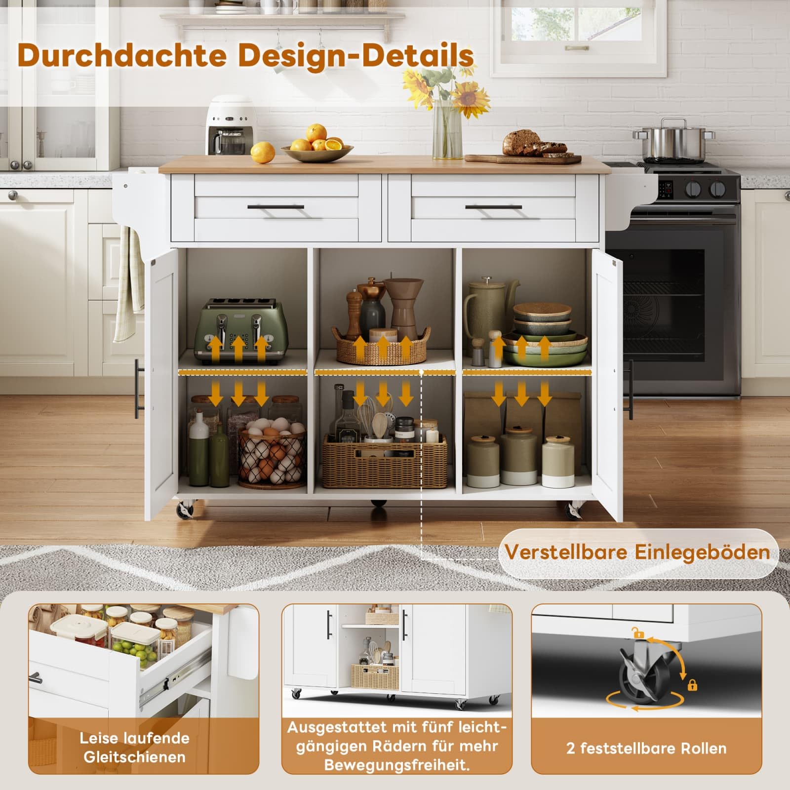 KOMHTOM ilot de Cuisine Moderne, Armoire de Cuisine, Chariot de Salle à Manger, Plateau de Table Pliable, 3 tiroirs, 2 Portes, étagère de Rangement et Porte-Serviettes (Blanc-10)