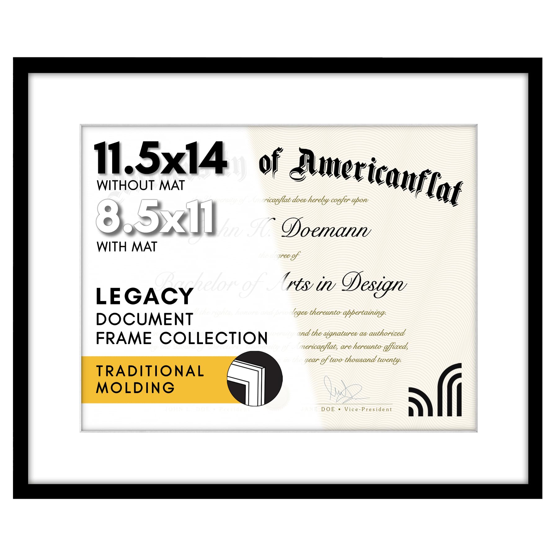 Americanflat 11.5x14 Diploma Frame in Black - Displays 8.5x11 Diplomas with Mat or Use as 11.5x14 Frame Without Mat - Document Frame with Polished Plexiglass Front and Wall Hanging Hardware for Wall