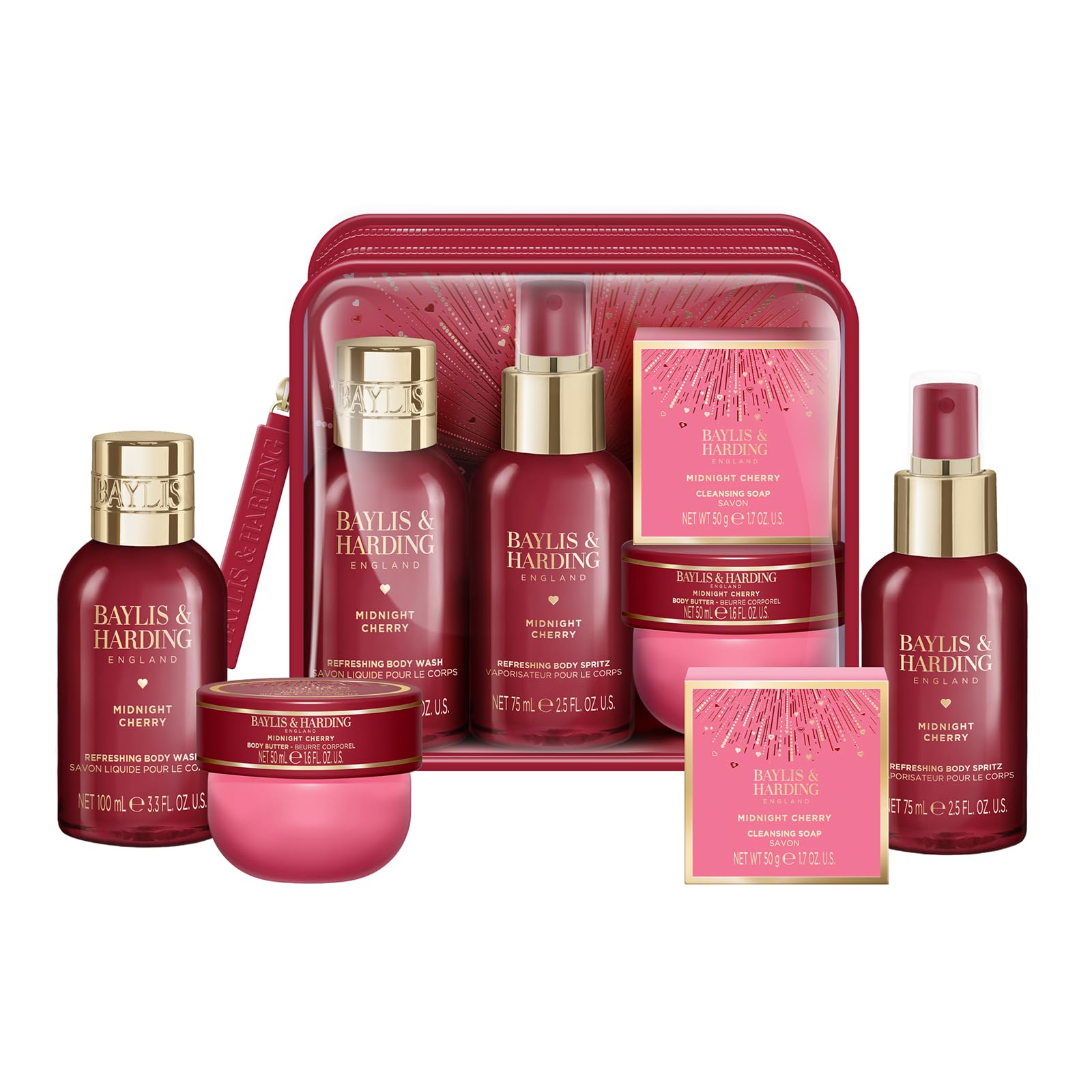 Baylis & Harding Midnight Cherry Luxury Travel Wash Bag Gift Set - Vegan Friendly