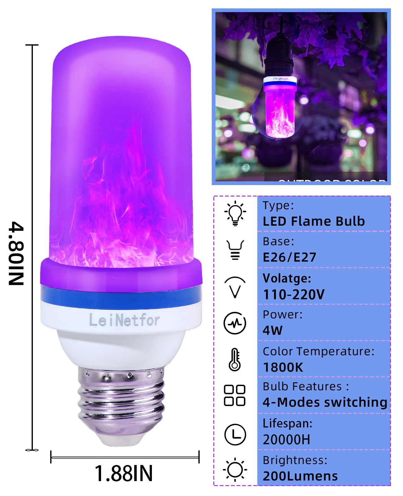 LeiNetfor Upgraded LED Purple Flame Light Bulbs - Halloween