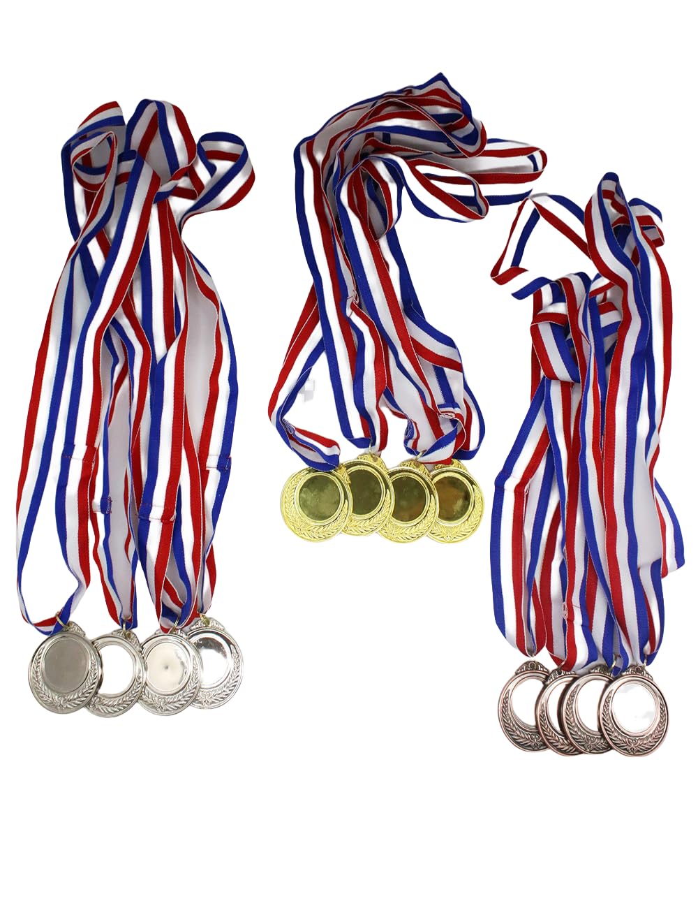 2Inch，12Pieces Gold, Silver, Bronze Medals with Red, White,and Blue Neck Ribbons，Zinc Alloy Olympic Decorations，Suitable for Kids