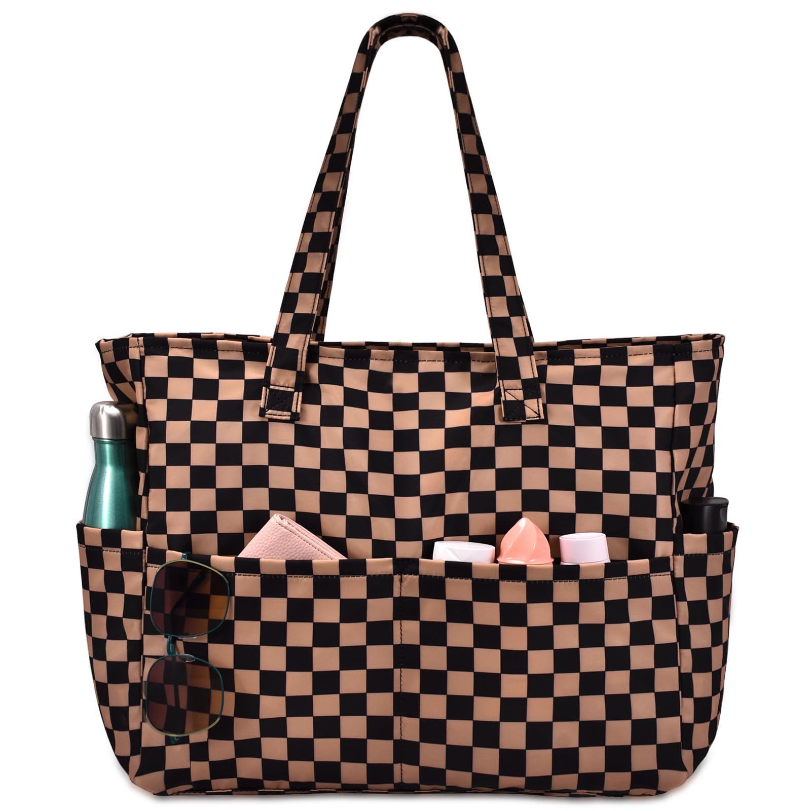 oscaurt Beach Bags for Women Large Waterproof Sandproof Beach Tote Swim Pool Bag with Zipper for Travel Vacation Essentials Khaki Checkered