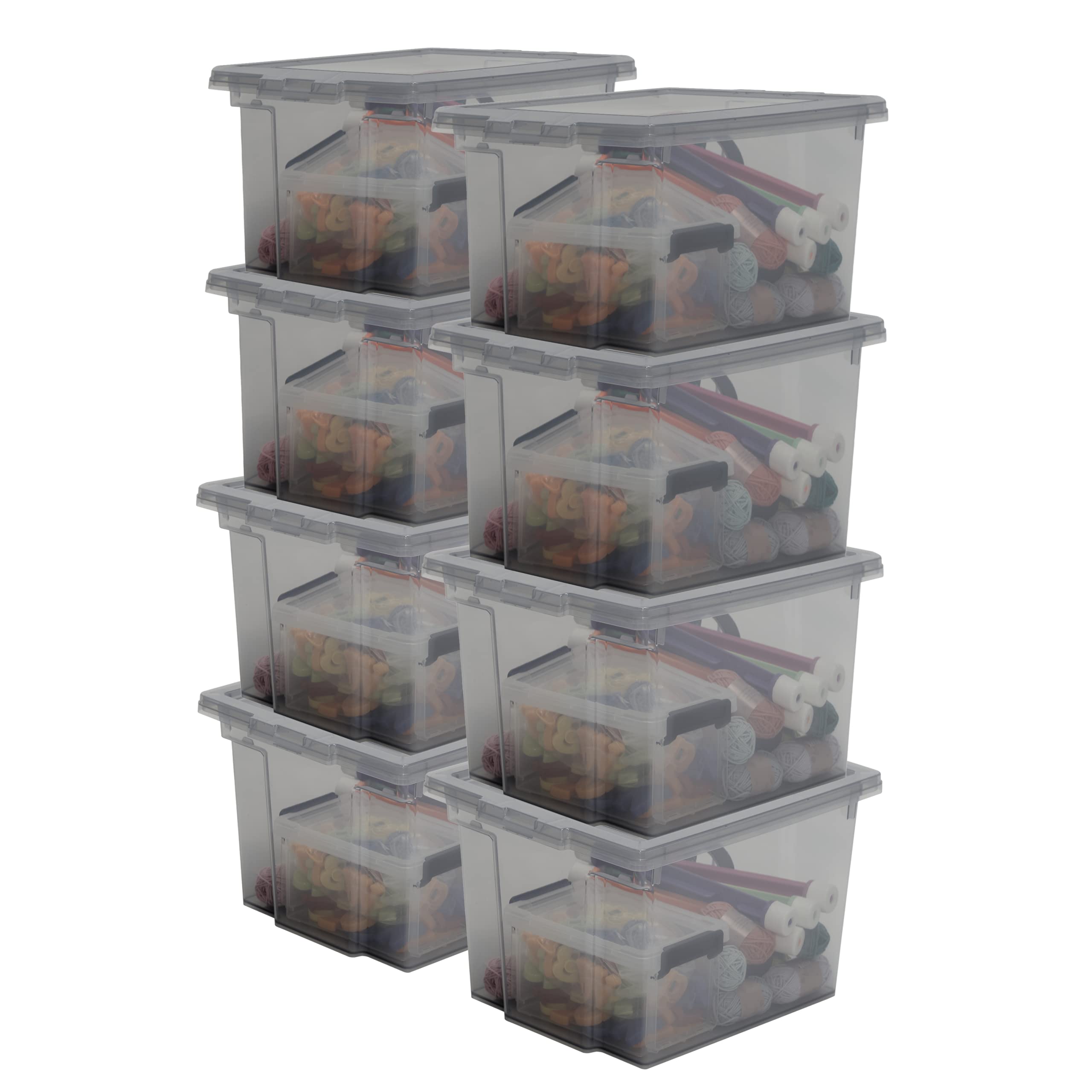 Iris Ohyama, Caja de almacenamiento de plástico, Caja de almacenamiento de oficina de 10 l, Lote de 8, Sin BPA, DDUSB-S, Gris, Apilable, Clips de cierre- A29 x F24 x A18,5 cm