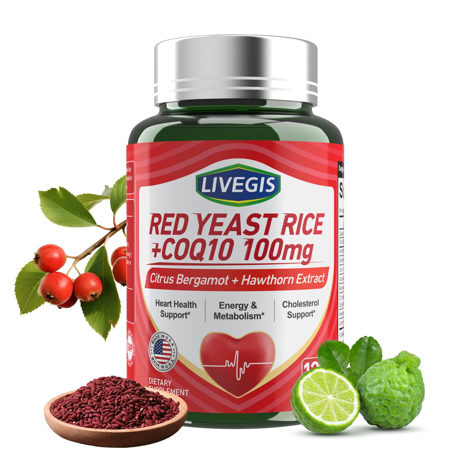 Red Yeast Rice 2000mg with CoQ10 100mg - Citrinin Free Heart Health Supplement with Citrus Bergamot & Hawthorn - Supports Healthy Cholesterol Levels - Vegan, Non-GMO Capsules 120 Counts 120 Count (Pack of 1)