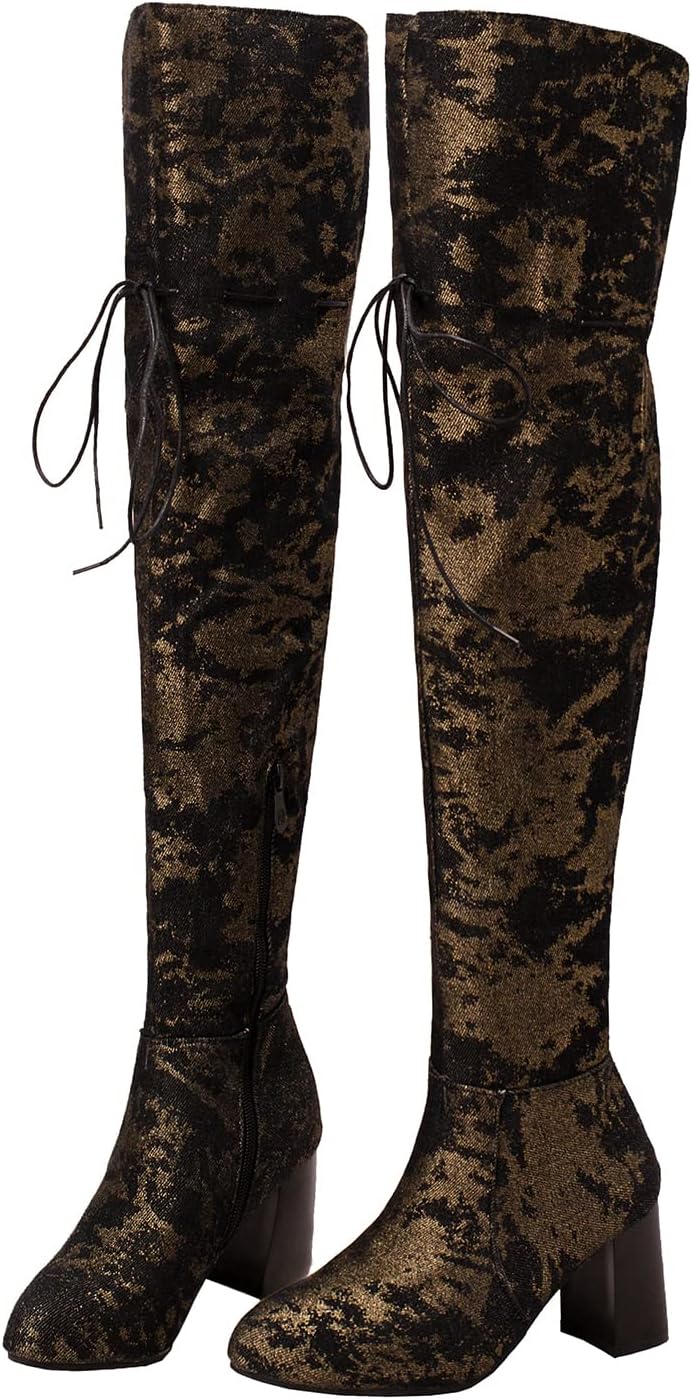 SHODENSE Women Over the Knee Thigh High Stretchy Boots Lace Up Chunky Block Heel Side Zipper Elastic Long Jean Boots Sexy Round Toe Pull On 3 Inch Heels Denim Winter Fall Tall Boot Velvet 4-15 M US