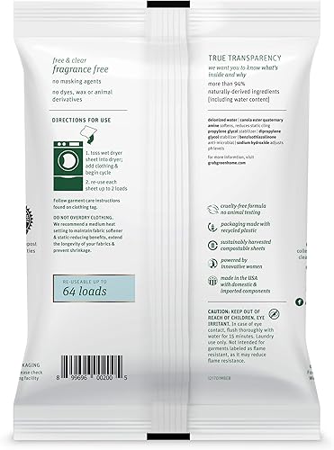 Miniatura 2 de Grab Green Hojas para secadora húmeda, 32 unidades, sin fragancia, a base de plantas, suavizan las telas, reducen la adherencia estática y las