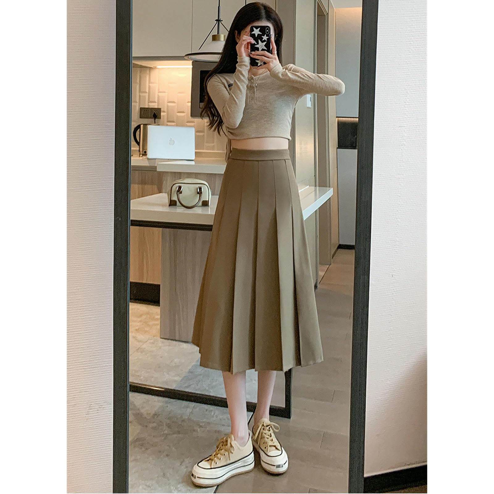 Rock Damen-Retro-Herbst Winter-Loser, Hoch Taillierter A-Linien-Anzug, Mittellanger Faltenrock-kaffeefarbe-XXL