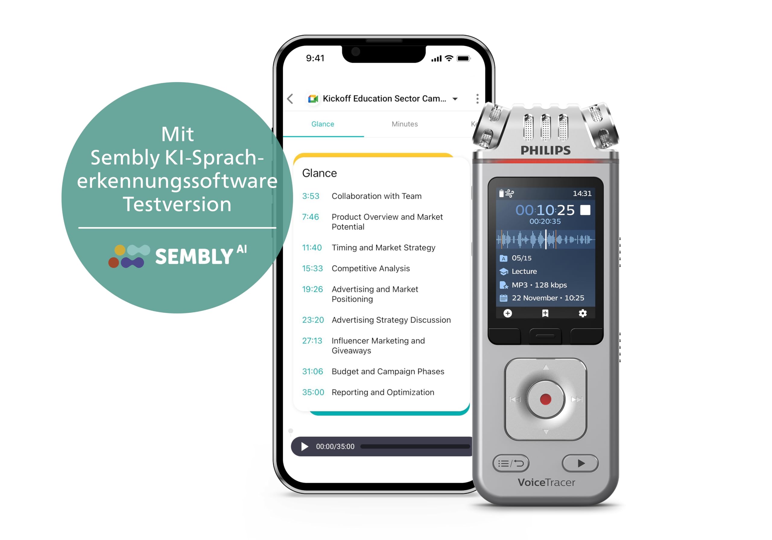 Philips DVT4115 VoiceTracer, Audio Recorder, MP3/PCM, 3 HiFi-Mikrofone, exzellente Fernaufnahme, Inkl. Sembly AI-Testlizenz: Transkription & KI-Zusammenfassungen