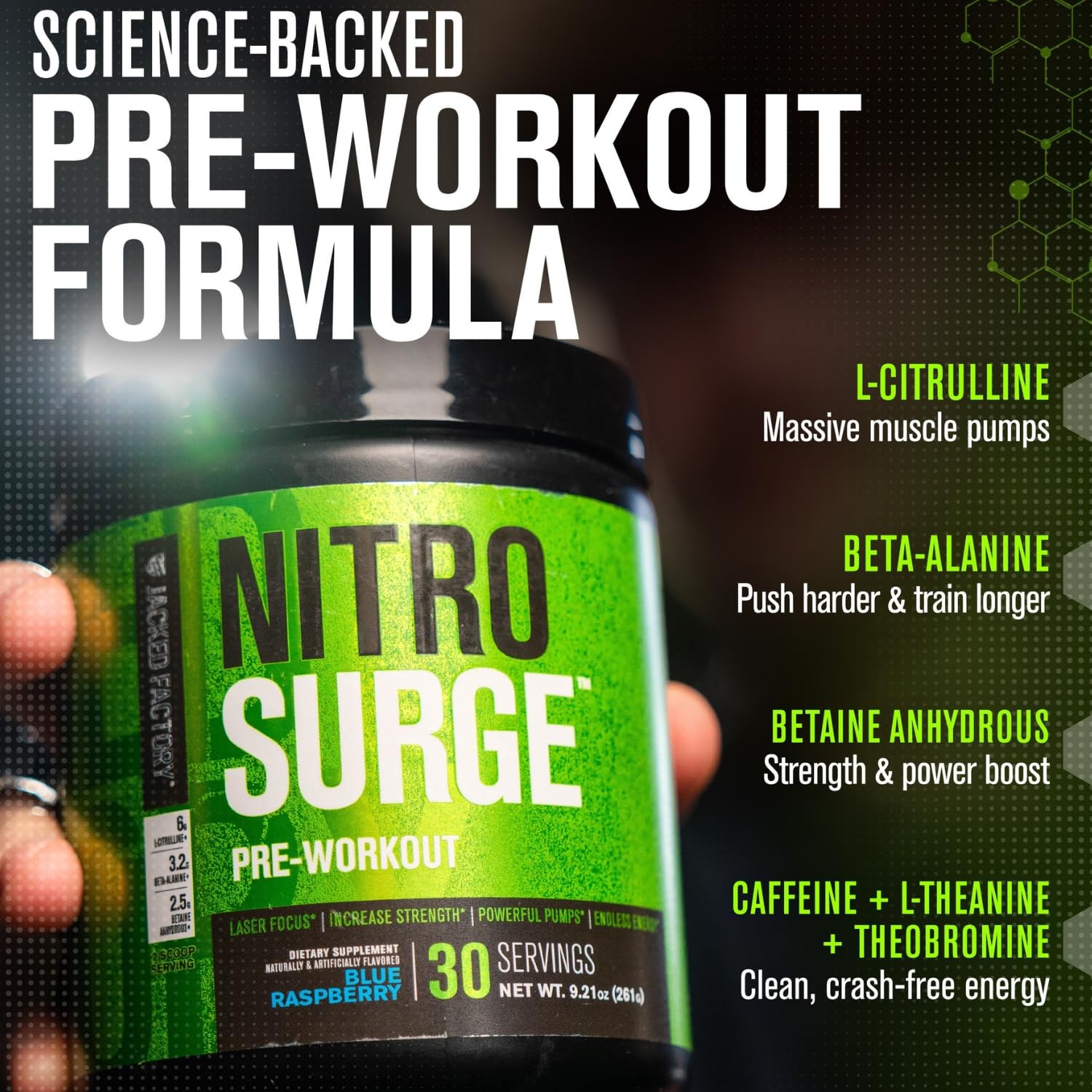 Jacked Factory NITROSURGE Pre Workout Supplement - Endless Energy, Instant Strength Gains, Clear Focus, Intense Pumps - NO Booster & Preworkout Powder with Beta Alanine - 10 Servings, Cherry Limeade — Amazon image 3