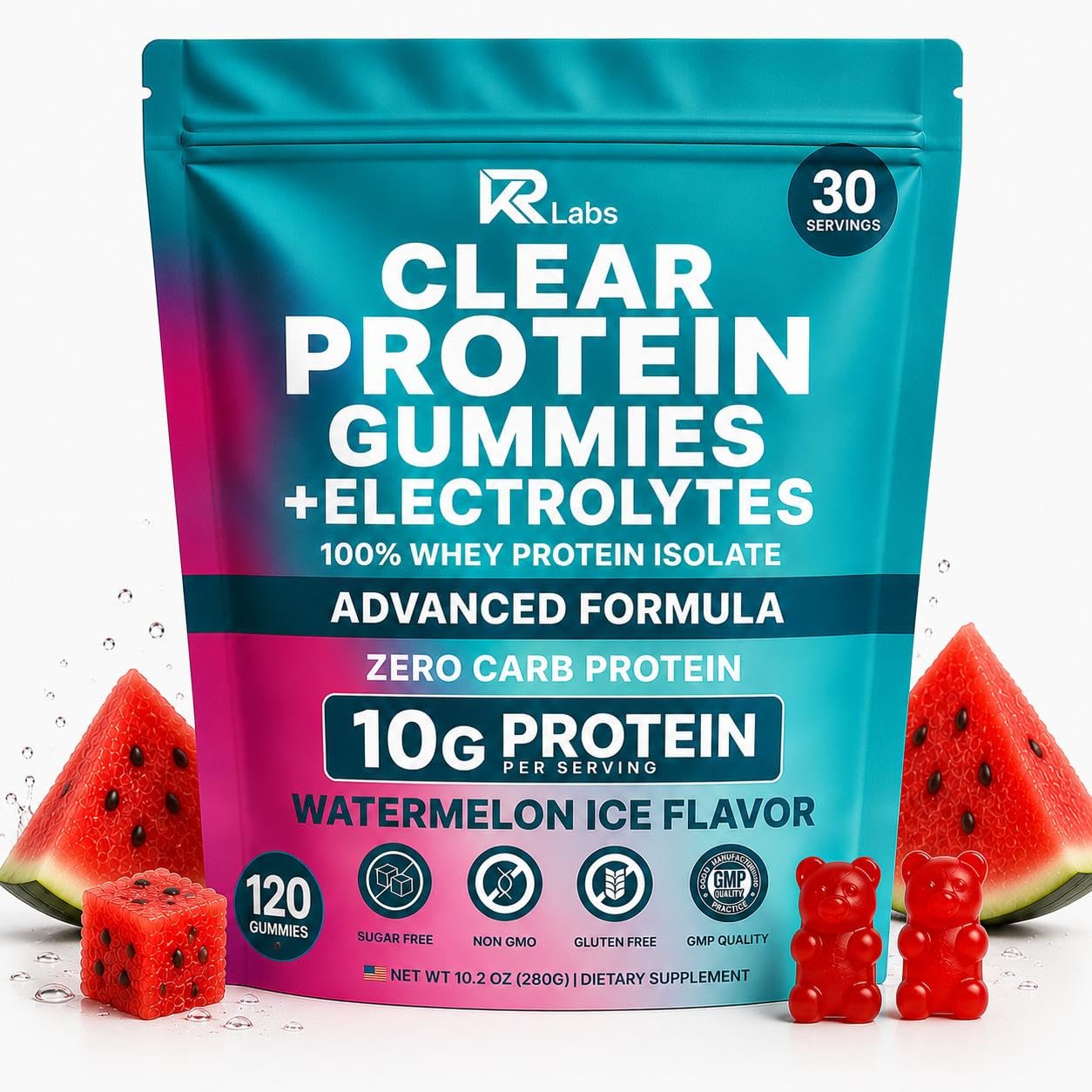 KR Labs Gomas de Proteína Isolada de Whey com Eletrólitos, 10 g por porção, 120 gomas