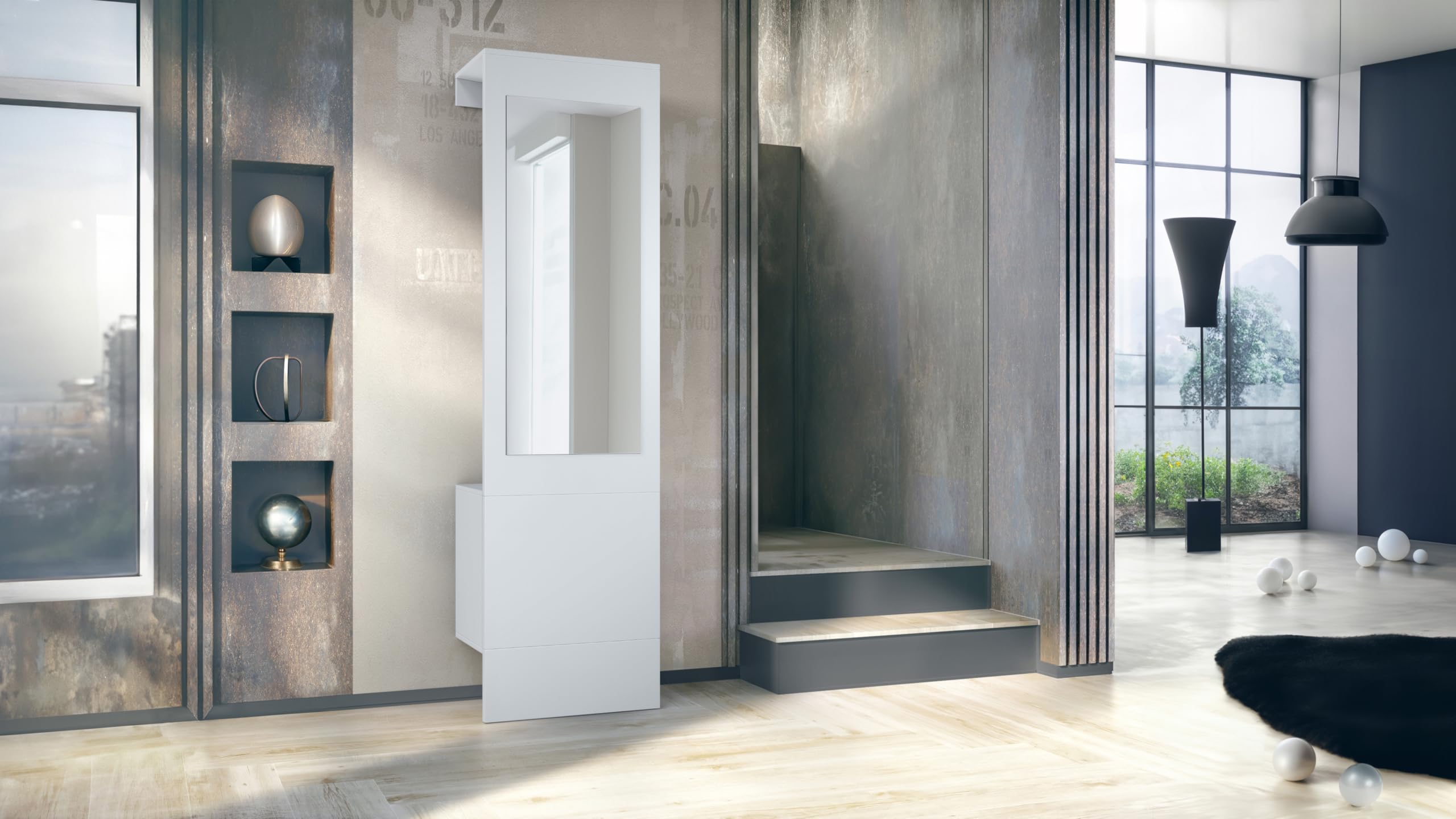 Vladon Garderobe Carlton Neo, Wandgarderobe aus Flur-Paneel mit Spiegel, Kleiderstange & Wandschrank, Weiß matt (52 x 193 x 35 cm)