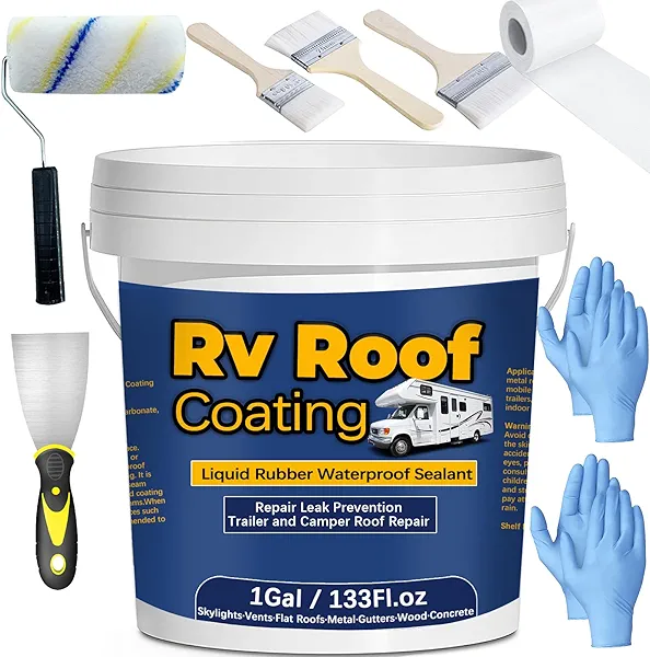 Qiveaory 1Gal/133Fl.oz Liquid Rubber Rv Roof Coating White Waterproof Sealant Camper Roof Repair Solar Reflective Wooden Brush Putty Knife Nitrile Gloves Paint Roller Drywall Repair Tape