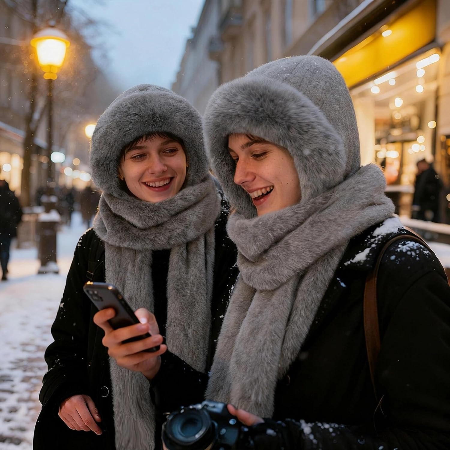 Hooded Scarf for Women Winter, Ear Hat Scarf 3 in 1Faux Fur Gloves Set Soft Thick Warm Hat - Image 2