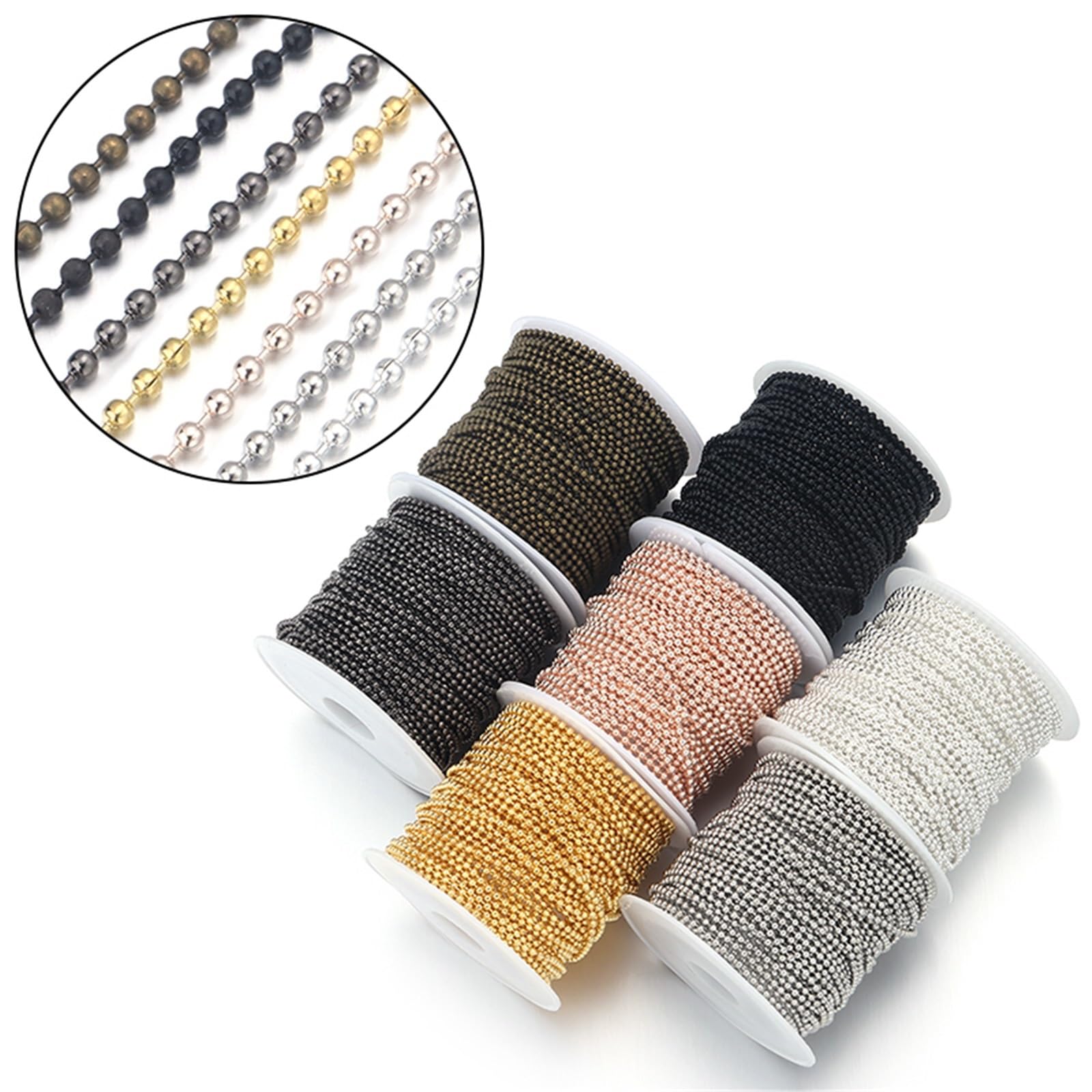 Łańcuszek z koralików, Beaded Ball Metal Chains for DIY Jewelry Making 4 Rolls 1.5mm 2.0mm 0.4mm(Rhodium Chain,2mm)