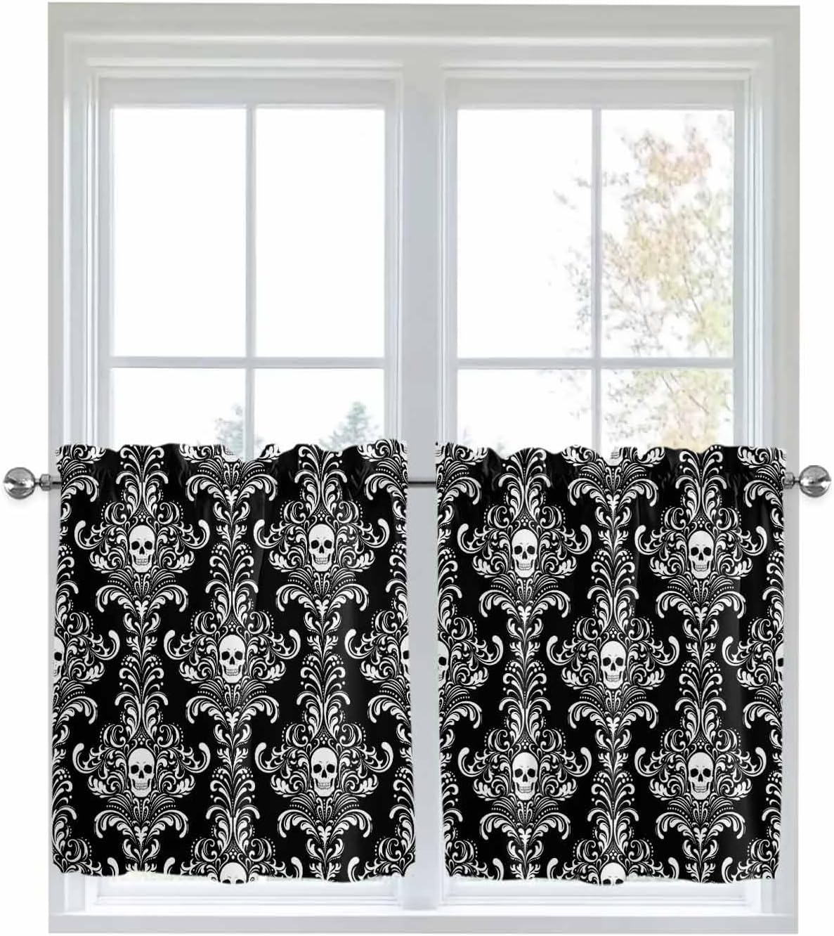 Tier Curtains 36 Inch Length for Kitchen Sink, Halloween Skull Floral Pattern Rod Pocket Kitchen Curtain Horror White Black Lace Short Half Window Curtain Panels Drapes, 27.5"W x 36"L, 2 Panels