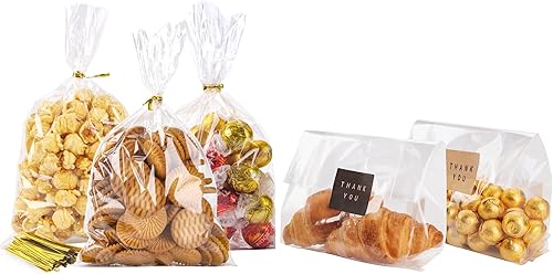 LOKIQNG - Paquete de 100 bolsas de celofán, bolsas de plástico transparentes para galletas, bolsas de dulces con lazos giratorios y 100 bolsas de