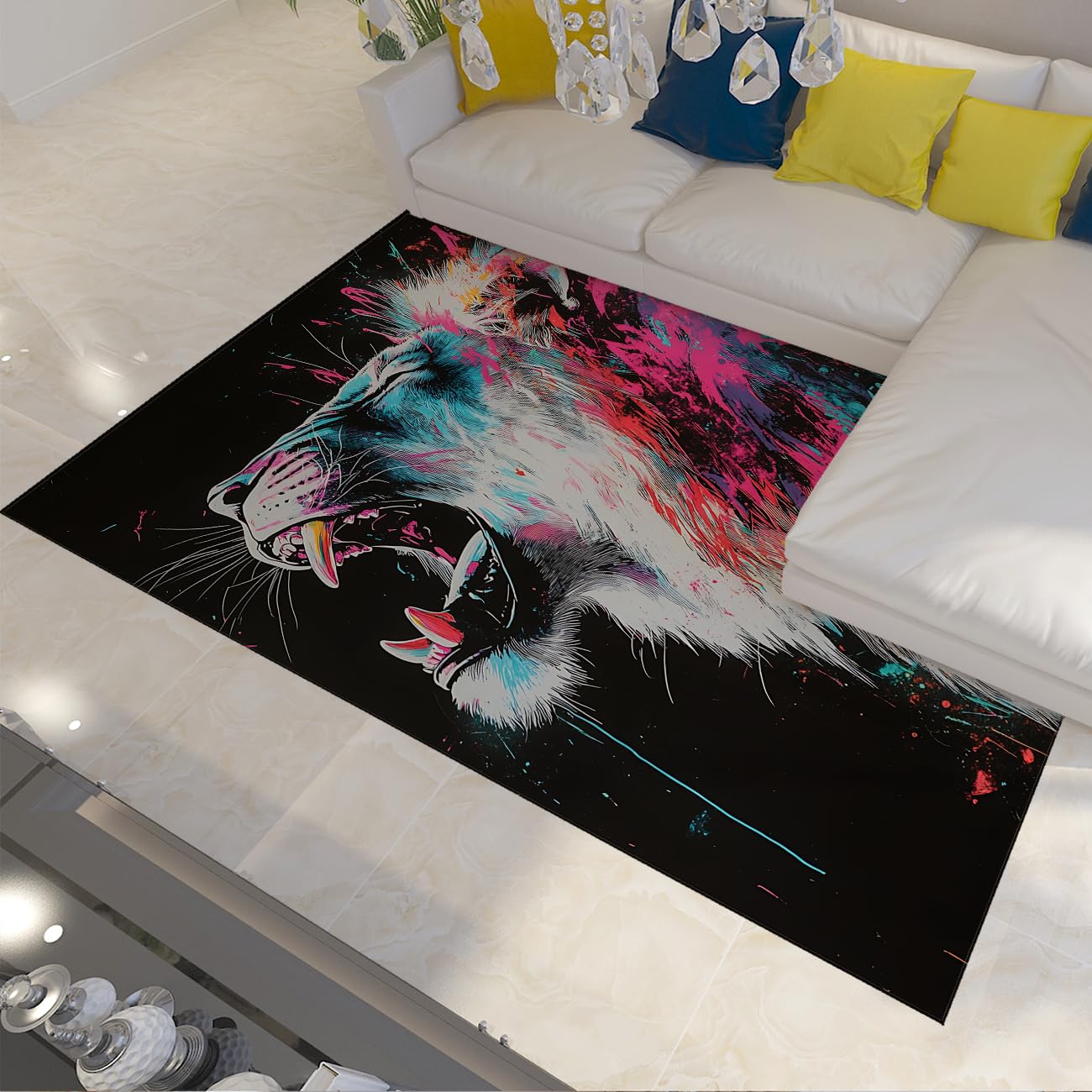 Tapis lion graffiti 140x200cm noir à poils bas lavable pour salon