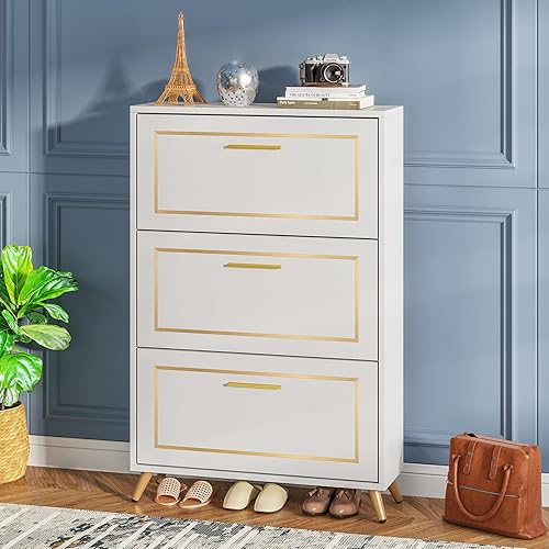 Tribesigns Armario de almacenamiento de zapatos armario de zapatos con 3 cajones abatibles armario organizador de zapatos estrecho para entrada