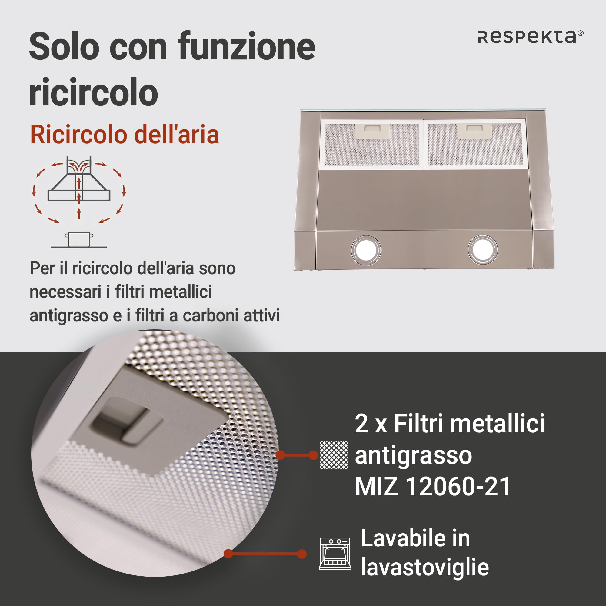 Respekta Sanja Cappa aspirante da incasso/cappa aspirante da incasso 60 cm/struttura in metallo in acciaio inox/funzione di ricircolo / CH12060 IX-21 / A+ / 55 – 64 dB