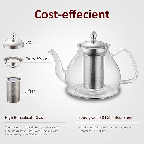 Miniatura 2 de Tetera de vidrio, 40 onzas  40.6 fl oz con infusor de acero inoxidable extraíble para té floreciente y té de hojas sueltas, tetera de cuello de